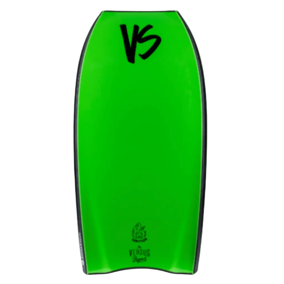Back of a bodyboard in green with a black logo and on a white background.