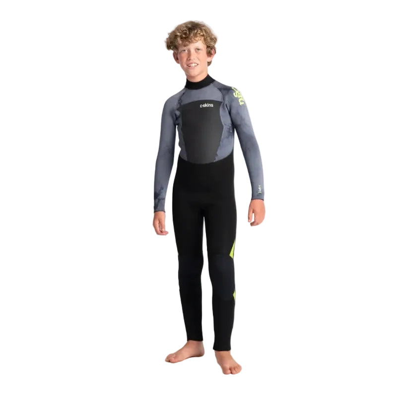C Skins Legend 5/4/3mm Kids Warm Back Zip Wetsuit in Black/Tie Dye/Lime